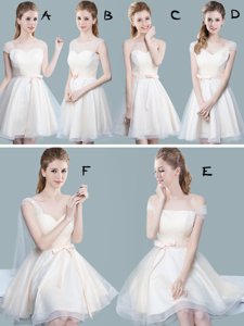 New Style Lavender Tulle Zipper Sweetheart Sleeveless Knee Length Dama Dress Ruching and Bowknot