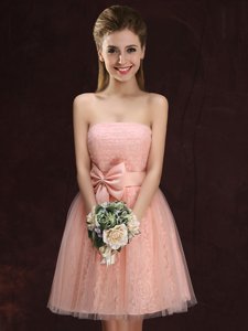Peach Lace Up Quinceanera Dama Dress Lace and Bowknot Sleeveless Mini Length
