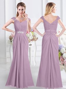 High Class Floor Length Lavender Quinceanera Court of Honor Dress Sweetheart Cap Sleeves Zipper