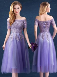 Off the Shoulder Lavender Short Sleeves Tea Length Beading and Lace Zipper Vestidos de Damas