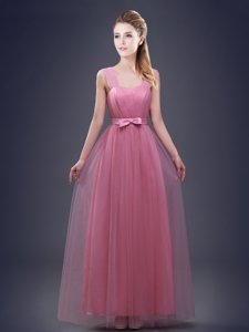 Modest Floor Length Pink Quinceanera Dama Dress Straps Sleeveless Lace Up