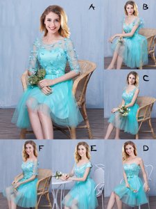 On Sale Tulle Scoop Sleeveless Lace Up Lace and Appliques and Bowknot Quinceanera Court Dresses in Aqua Blue