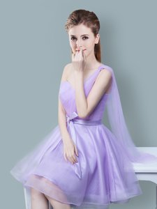 One Shoulder Knee Length Lavender Damas Dress Tulle Sleeveless Ruching and Bowknot