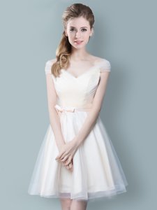 Perfect Champagne Tulle Zipper V-neck Cap Sleeves Knee Length Dama Dress Ruching and Bowknot