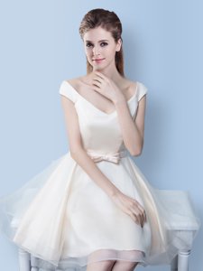 White Lace Up V-neck Bowknot Quinceanera Court of Honor Dress Tulle Cap Sleeves