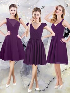 Purple A-line V-neck Cap Sleeves Chiffon Knee Length Zipper Ruching Vestidos de Damas