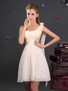 Champagne Empire One Shoulder Sleeveless Chiffon Mini Length Zipper Ruching and Hand Made Flower Quinceanera Court of Honor Dress