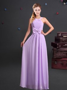 Halter Top Sleeveless Chiffon Floor Length Zipper Quinceanera Dama Dress in Lavender for with Ruching and Bowknot