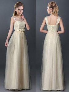 Chic Scoop Floor Length Champagne Court Dresses for Sweet 16 Tulle Sleeveless Lace and Hand Made Flower