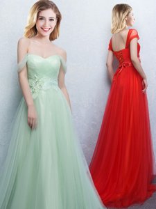 Low Price Off the Shoulder Apple Green Tulle Lace Up Quinceanera Court Dresses Sleeveless With Brush Train Appliques and Ruching