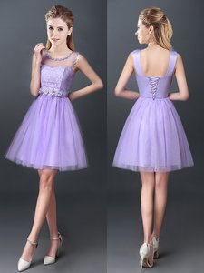 Excellent Scoop Lavender A-line Lace Damas Dress Lace Up Tulle Sleeveless Mini Length