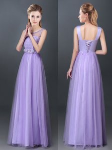 On Sale Lavender Lace Up Scoop Lace and Hand Made Flower Quinceanera Court of Honor Dress Tulle Sleeveless