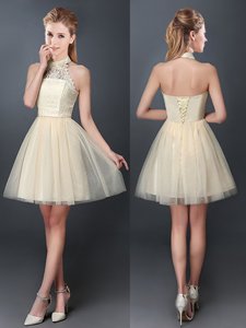 Champagne Tulle Lace Up Halter Top Sleeveless Mini Length Quinceanera Court of Honor Dress Lace and Appliques