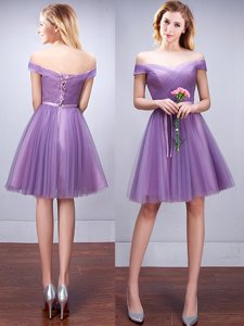 Fitting Off the Shoulder Lavender Sleeveless Tulle Lace Up Dama Dress for Prom and Party and Wedding Party