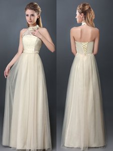 Glamorous Champagne Lace Up Halter Top Lace and Appliques Court Dresses for Sweet 16 Tulle Sleeveless
