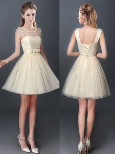 Scoop Champagne A-line Lace and Hand Made Flower Damas Dress Lace Up Tulle Sleeveless Mini Length