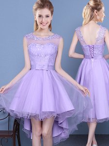 Pretty Scoop Lavender Organza Lace Up Vestidos de Damas Sleeveless Mini Length Lace