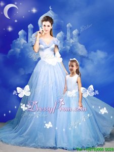 With Train A-line Sleeveless Light Blue 15th Birthday Dress Court Train Zipper