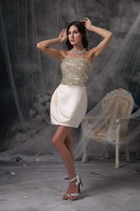 Champagne Column Mini Length Prom Holiday Dress with Sequined Bodice