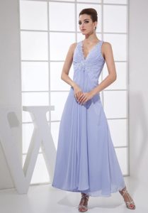 Appliqued and Ruched Lilac V-neck Tea Length Prom Holiday Dress
