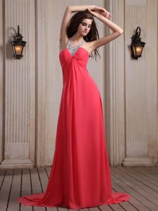 Coral Red V-neck Column Beaded Prom Holiday Dress with Brush Train