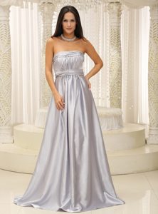Ruched Strapless Silver Prom Gown Dress with Brush Train on Sale
