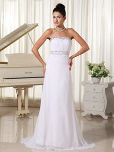 Ruched and Beaded White Strapless Prom Court Dresses Brush Train
