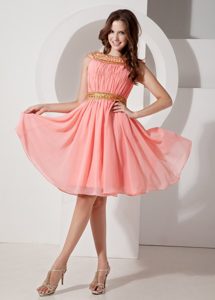 Beaded Bateau Watermelon Chiffon Knee Length Dress for Prom Queen