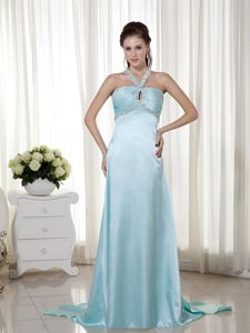 Empire Halter Brush Train Elastic Woven Satin Beading Prom Dress