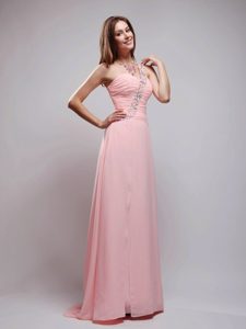 Empire One Shoulder Brush Train Chiffon Beaded Prom Dress