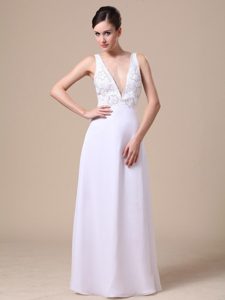 White V-neck Chiffon Prom Dress with Floral Design Beading