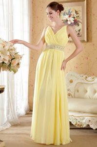 Yellow V-neck Floor-length Chiffon Prom Dress with Beaded Waistband