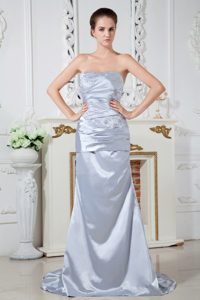 Silver Column Strapless Brush Train Beading and Ruching Prom Dress