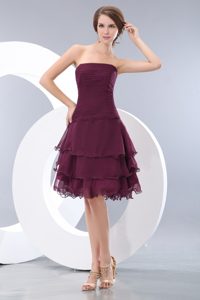 Ruched Burgundy Chiffon Prom Gown Dress with Ruffled Layers 2013