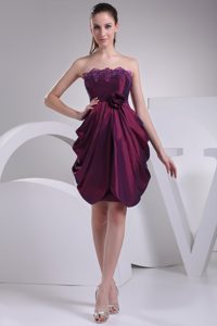 Strapless Pick-ups Prom Dress with Handmade Flower in Burgundy