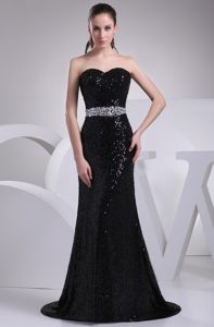 Black Sequin Long Prom Dresses with Beading Sash and Brush Train
