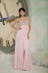 Baby Pink Chiffon Strapless Prom Dress with Beading and Cutout Back