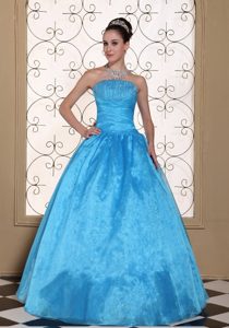 Strapless Blue Quinceanera Dress With Beading and Floor-length