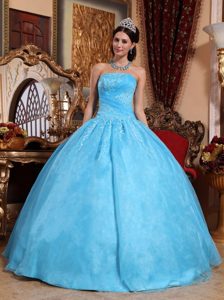 Aqua Blue Ball Gown Strapless Appliques Quinceanera Dress