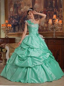 One Shoulder Beaded Apple Green Quinceanera Gown Dresses
