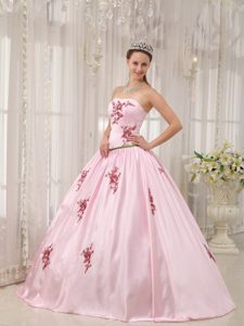 Dropped Waist Pink Strapless Quinceanera Gowns with Appliques
