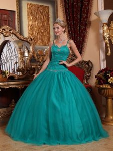 Teal Spaghetti Straps Floor-length Beading Quinceanera Gown