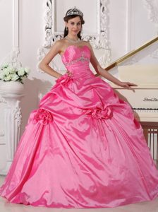 Pink Strapless Beading and Hand Made Flowers Quinceanera Dress