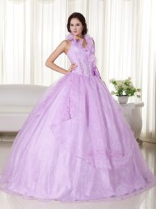 Ruffled Halter Lavender Floor-length Embroidery Dress For a Quince