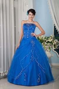 A-line Strapless Sequin Sea Blue Dress For Quinceanera
