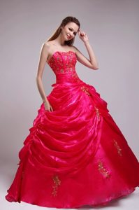 Red Strapless Quinceanera Dress with Appliqiues and Pick-ups