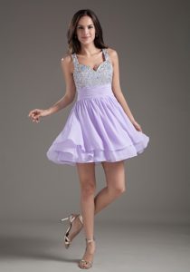 Low Price Lilac Beaded Mini-length Dresses for Prom with Straps