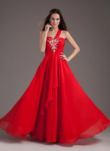 Wholesale Red One Shoulder Beaded Chiffon Prom Dress Lace-up