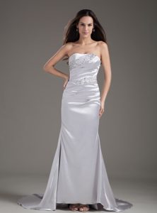 Silver Strapless Beaded Brush Train Prom Bridesmaid Dresses