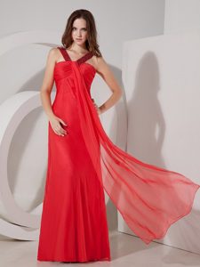 Red Beading V-neck Prom Dress with Beading and Draping Fabric